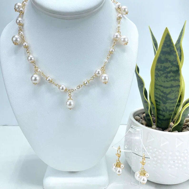 Set Pearls Linked Necklace and Dangle Pearls & Dangle Pearls Earrings 18k Gold Filled