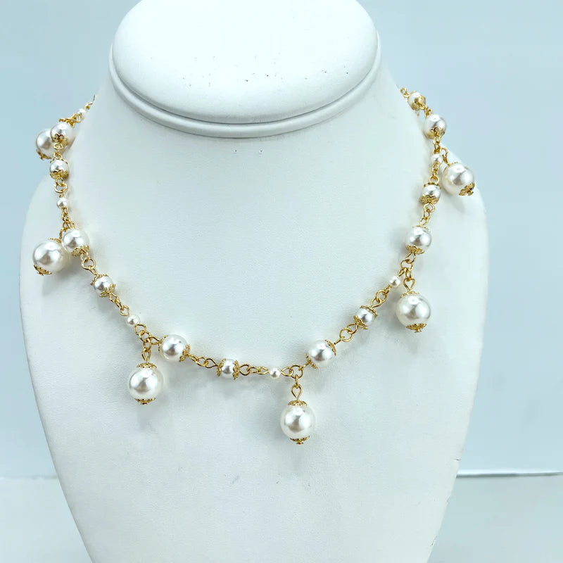 Set Pearls Linked Necklace and Dangle Pearls & Dangle Pearls Earrings 18k Gold Filled