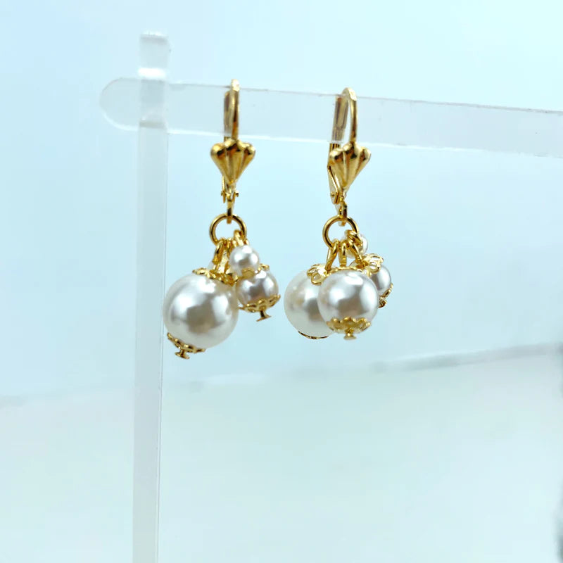 Set Pearls Linked Necklace and Dangle Pearls & Dangle Pearls Earrings 18k Gold Filled