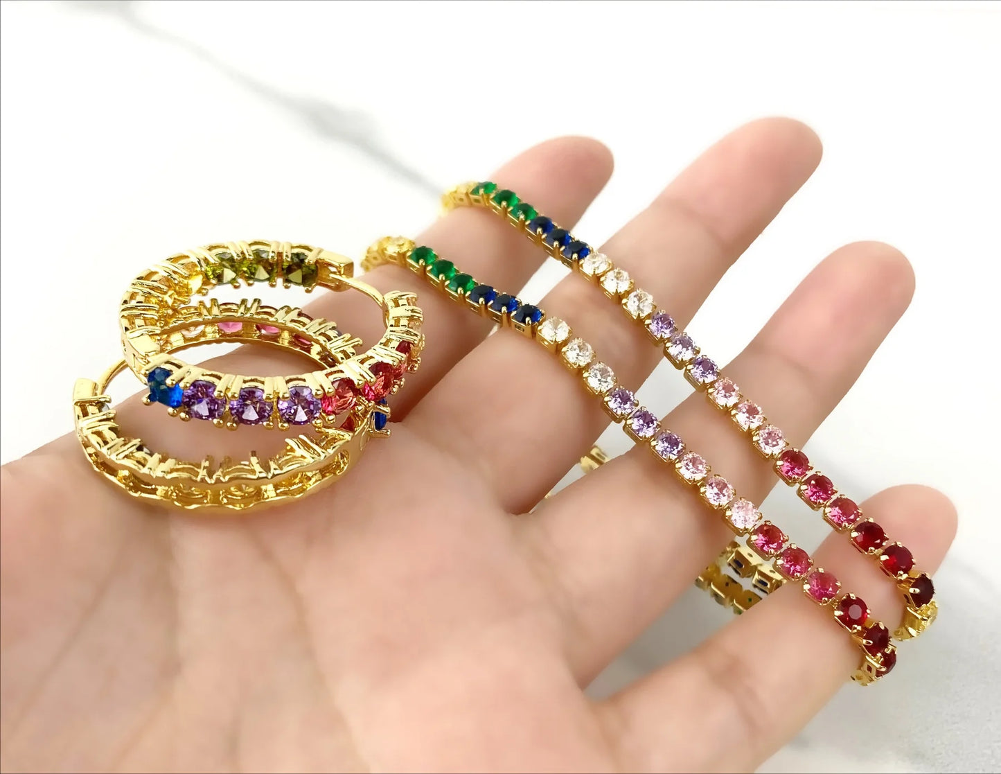 Earrings or Set, Rainbow Cubic Zirconia. 18k Gold Filled