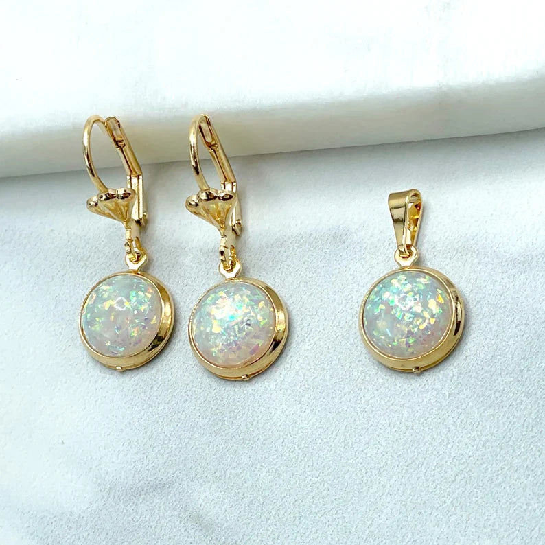 Set Round Cut Fire Opal, Creole Drop Earrings and Pendant. 18k Gold Filled