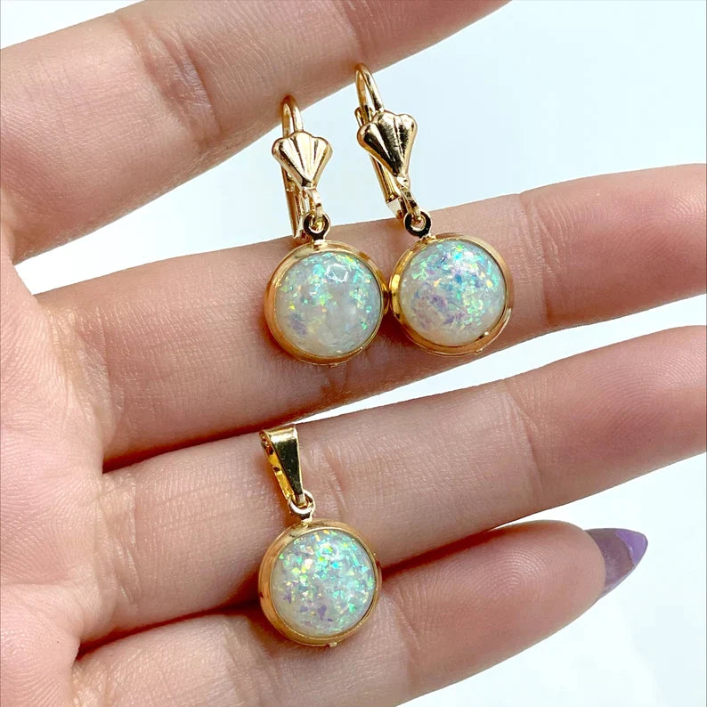 Set Round Cut Fire Opal, Creole Drop Earrings and Pendant. 18k Gold Filled