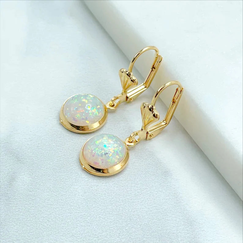 Set Round Cut Fire Opal, Creole Drop Earrings and Pendant. 18k Gold Filled