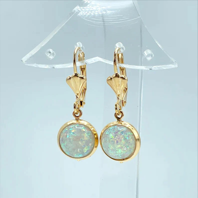 Set Round Cut Fire Opal, Creole Drop Earrings and Pendant. 18k Gold Filled