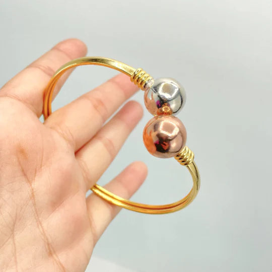Bangle Yellow Gold White Gold Rose Gold Wrist Cuff with Two Toned Balls 18k Gold Filled