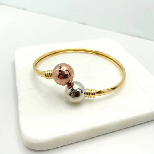 Bangle Yellow Gold White Gold Rose Gold Wrist Cuff with Two Toned Balls 18k Gold Filled