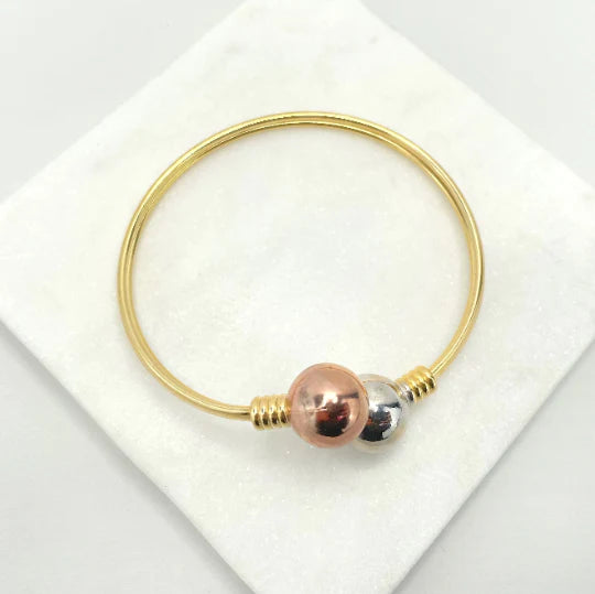 Bangle Yellow Gold White Gold Rose Gold Wrist Cuff with Two Toned Balls 18k Gold Filled