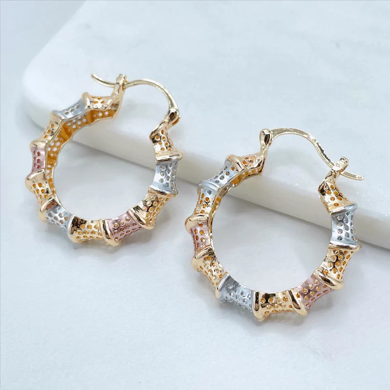 Earrings Hoop 3 Tone, Yellow Gold, White Gold, Rose Gold. Bamboo Design18k Gold Filled 590