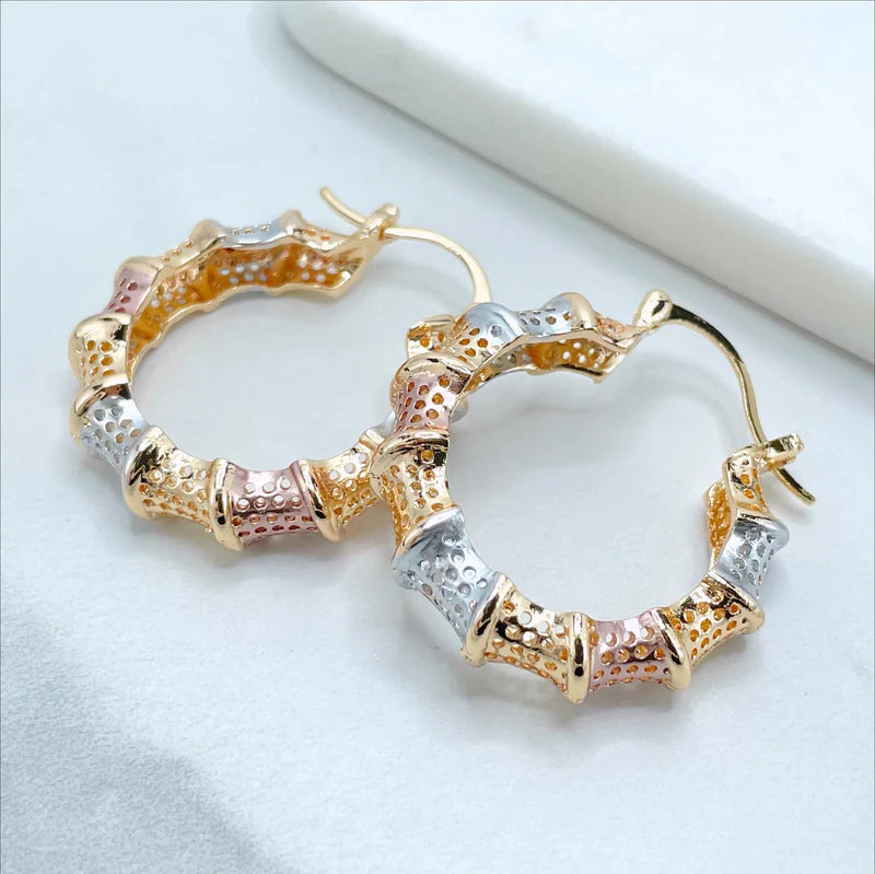 Earrings Hoop 3 Tone, Yellow Gold, White Gold, Rose Gold. Bamboo Design18k Gold Filled 590