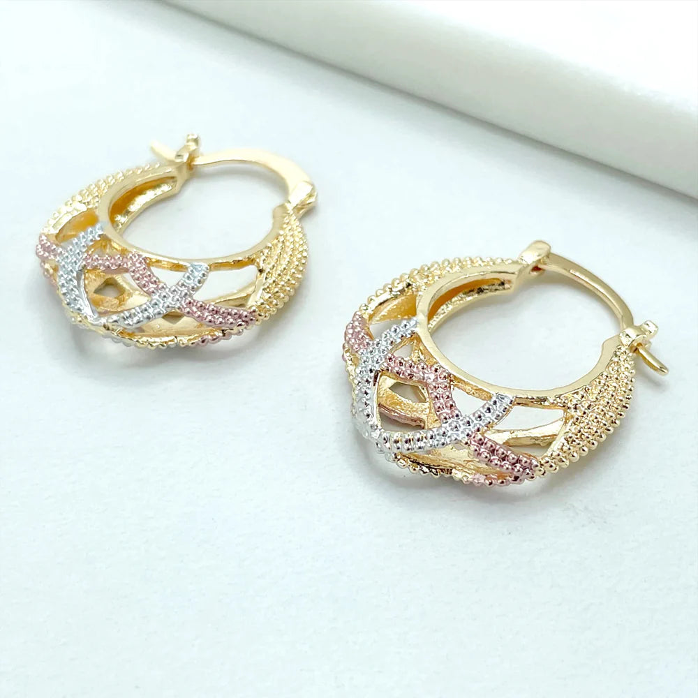 Earrings Hoop Basket 3 Tone, Yellow Gold, White Gold, Rose Gold. 18k Gold Filled