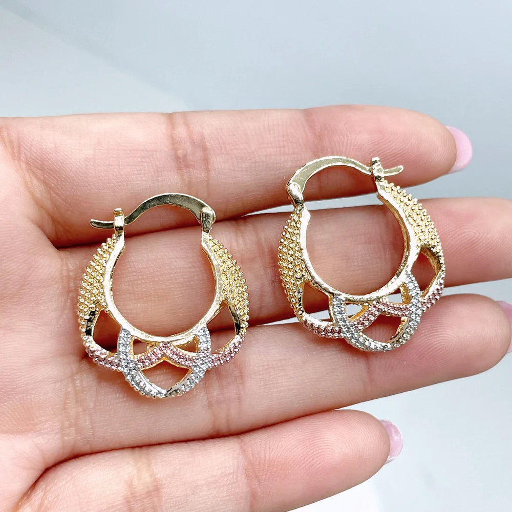 Earrings Hoop Basket 3 Tone, Yellow Gold, White Gold, Rose Gold. 18k Gold Filled