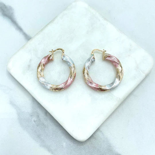 Earrings Hoop 3 Tone, Yellow Gold, White Gold, Rose Gold. Twisted Design 35mm or 45mm 18k Gold Filled