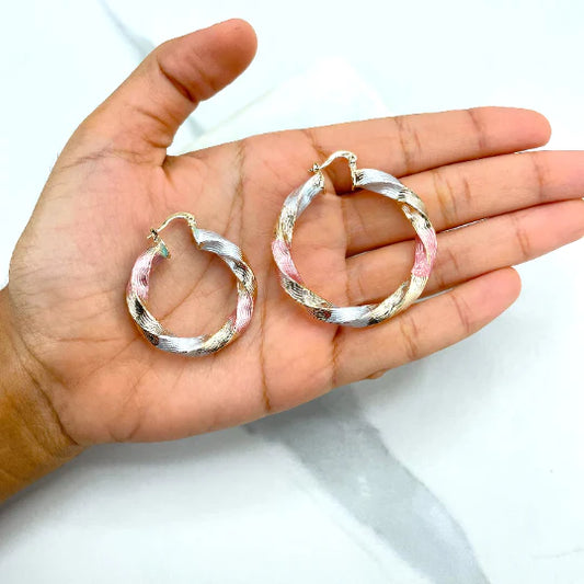 Earrings Hoop 3 Tone, Yellow Gold, White Gold, Rose Gold. Twisted Design 35mm or 45mm 18k Gold Filled