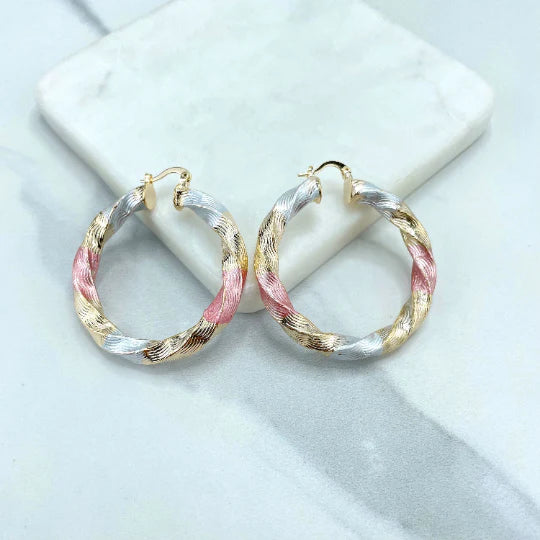 Earrings Hoop 3 Tone, Yellow Gold, White Gold, Rose Gold. Twisted Design 35mm or 45mm 18k Gold Filled