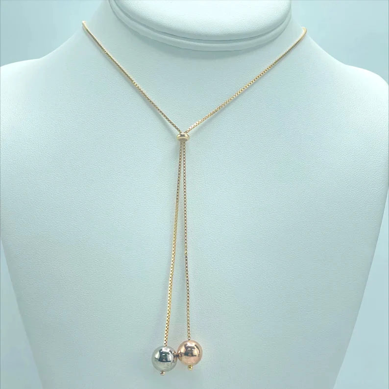 Earrings or 30 inches Necklace with 1.2mm Box Chain Three Tone Adjustable Two Tone Balls 18k Gold Filled