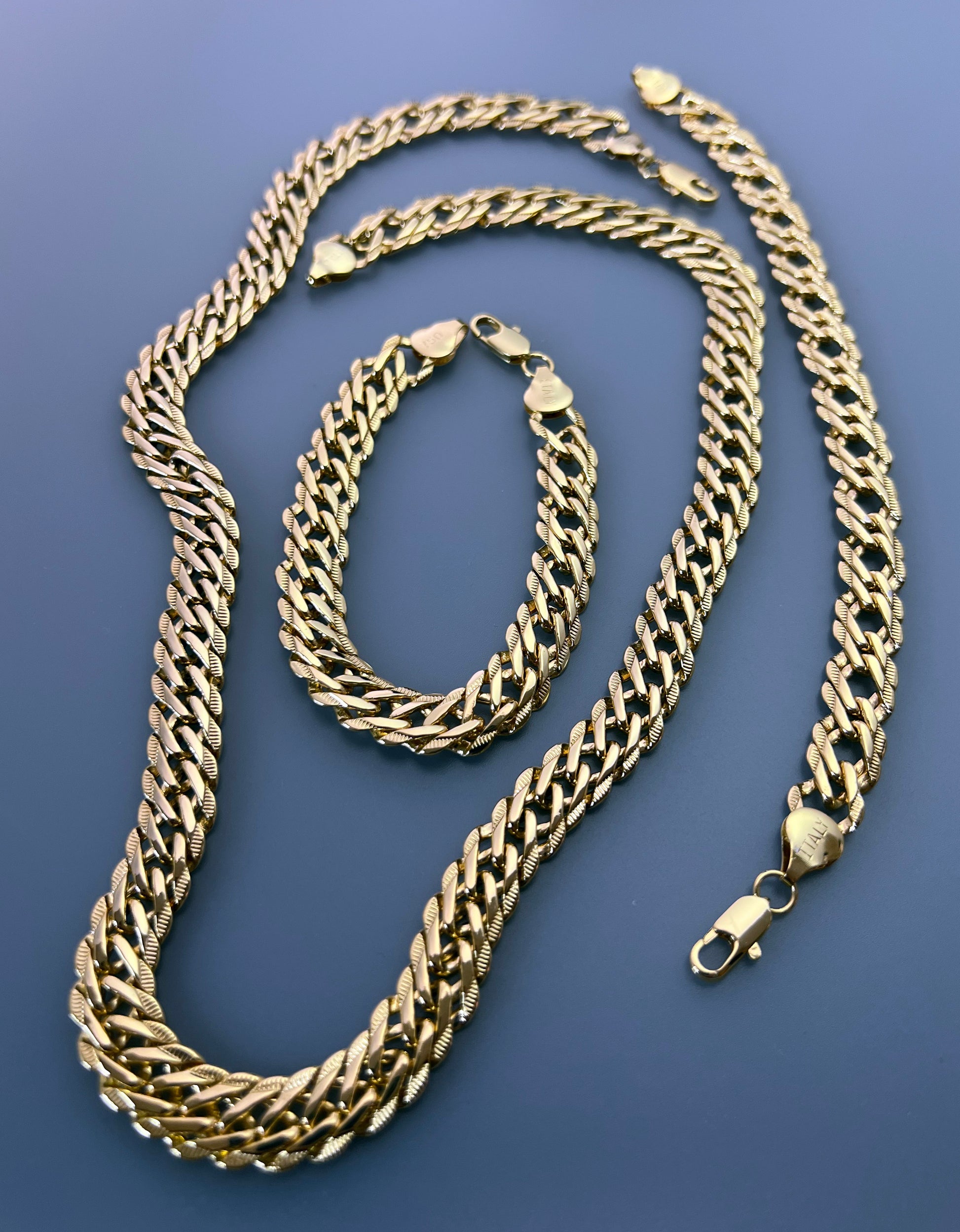 Chain, Bracelet, Ankle Bracelet, MATCHING. Double Layered Cuban Chain 18K Gold Filled Bundle and Save. FREE SHIPPING on orders of $100 and over.  Sam's Jewelry World USA.